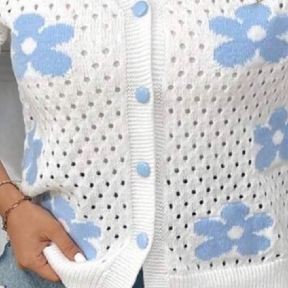 Floral Knit Cardigan Sweater - White and Blue